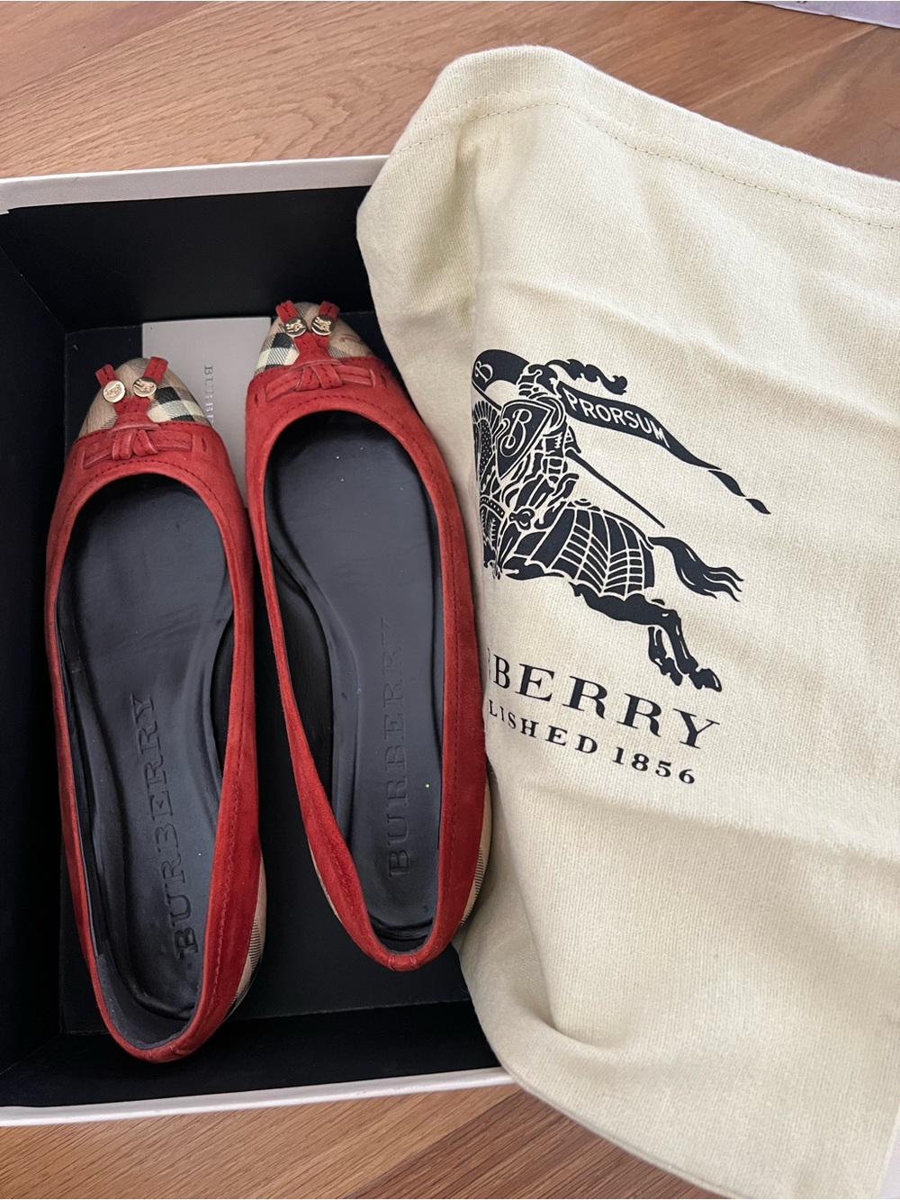 Burberry Red Suede Ballet Flats with Signature Check Trim